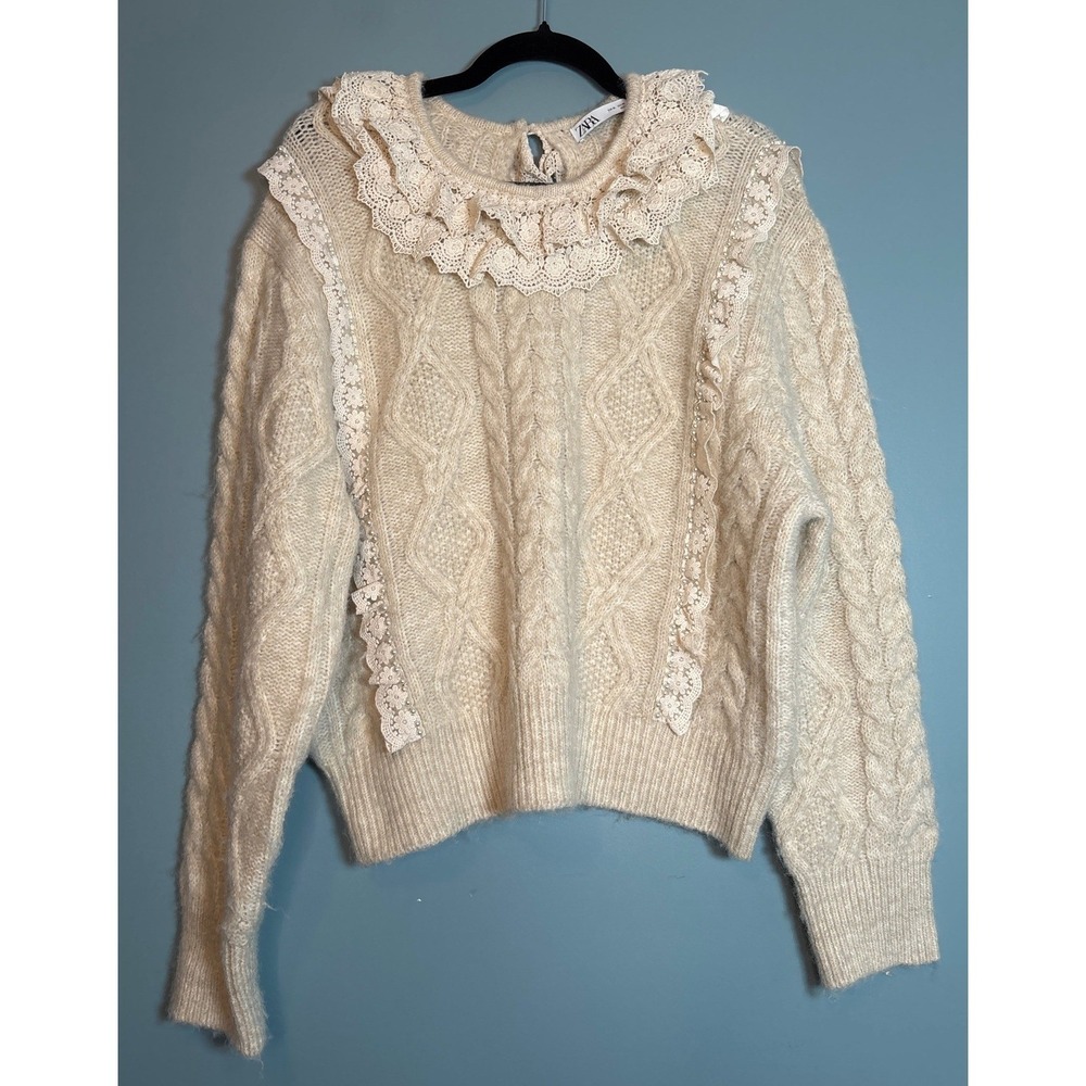 ZARA Women's Cream Cable Knit Beaded‎ and Lace Trim Ruffled Collar Sweater XL